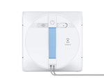 Top-down view of the white ECOVACS WINBOT W1S window cleaning robot, showing the power button, blue handle, and the power cord connection point.