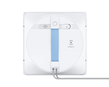 Top-down view of the white ECOVACS WINBOT W1S window cleaning robot, showing the power button, blue handle, and the power cord connection point.