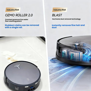 A split-screen showcasing two industry-first features of the ECOVACS X11 Omni. On the left, the OZMO ROLLER 2.0 with constant pressure live water washing removes a stubborn stain. On the right, BLAST hurricane dust removal technology instantly lifts fine hair and dust.