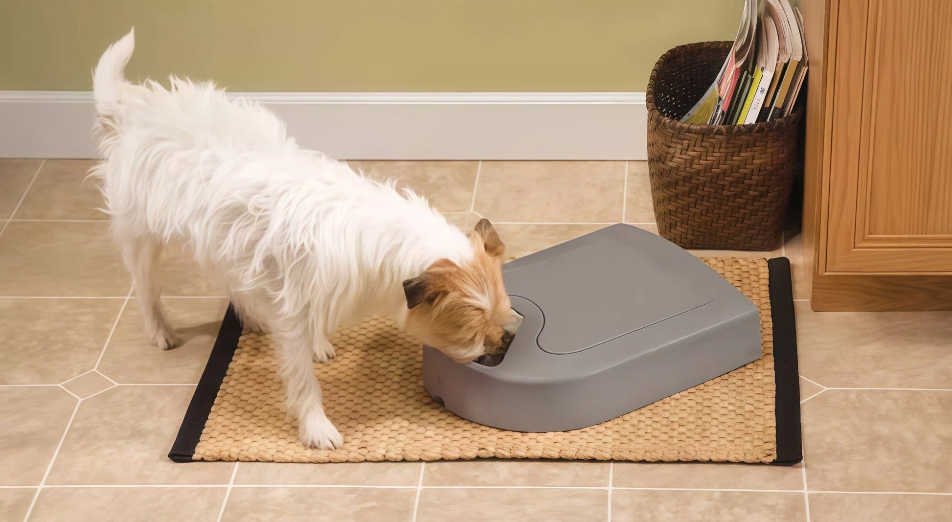 White dog eating from closed Eatwell Pet Feeder 5 Meal in a home kitchen — sleek design keeps food fresh and clean with sealed compartment and spill-proof bowl