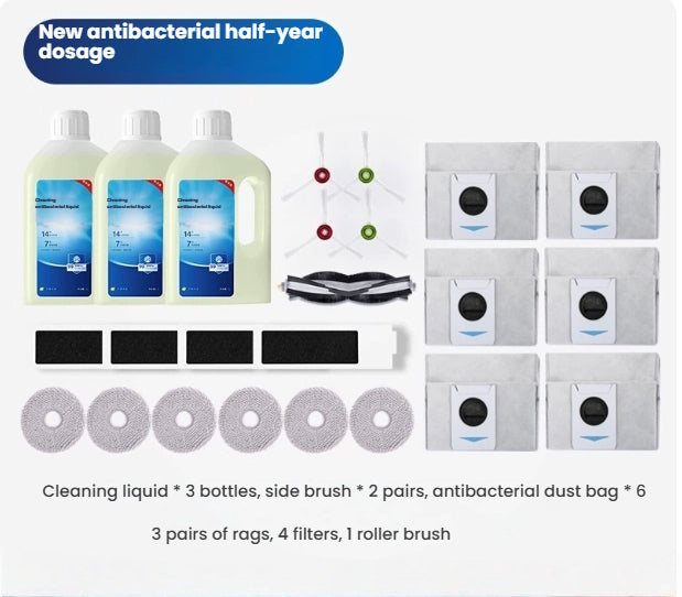 ECOVACS T20 Omni robot vacuum accessory kit with 3 antibacterial cleaning liquid bottles, side brushes, roller brush, filters, dust bags and mop pads