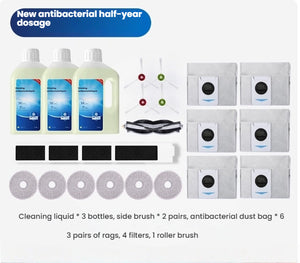 ECOVACS T20 Omni robot vacuum accessory kit with 3 antibacterial cleaning liquid bottles, side brushes, roller brush, filters, dust bags and mop pads