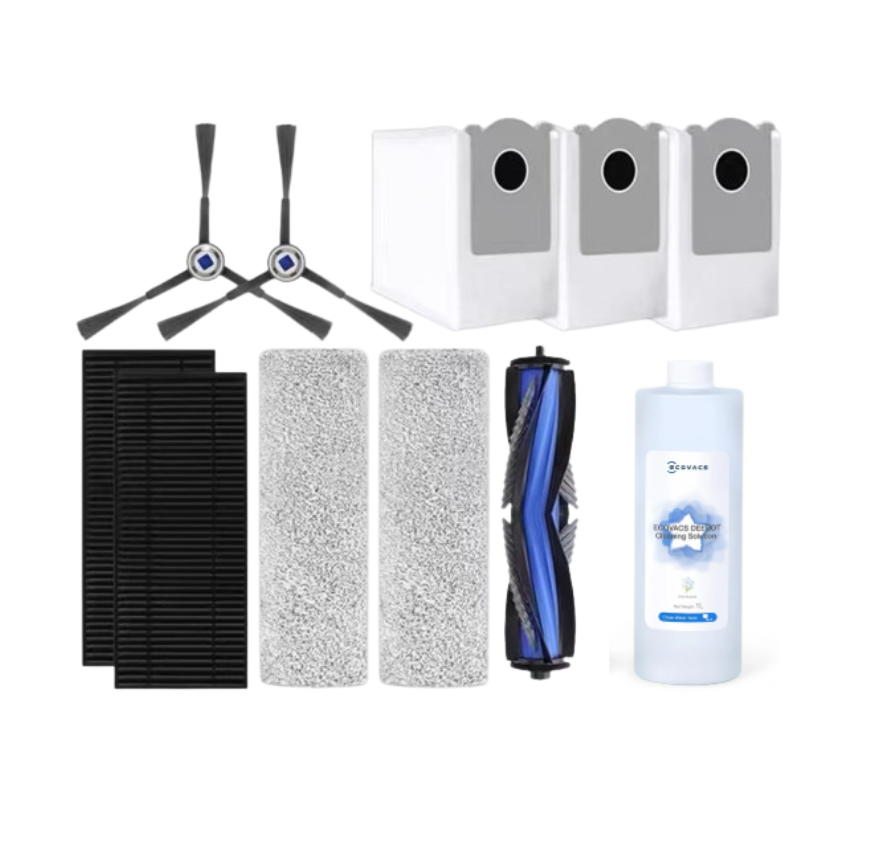 Accessory kit for ECOVACS X11 Pro Omni robot vacuum, including side brushes, high-efficiency filters, mop pads, disposable dust bags, and cleaning solution.