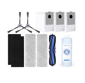 Accessory kit for ECOVACS X11 Pro Omni robot vacuum, including side brushes, high-efficiency filters, mop pads, disposable dust bags, and cleaning solution.
