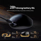 Edifier S10 earbuds and charging case showing 28-hour total battery life — 5 hours with ANC on, 7 hours without, plus 15h/21h from case, with fast charging to combat battery anxiety.