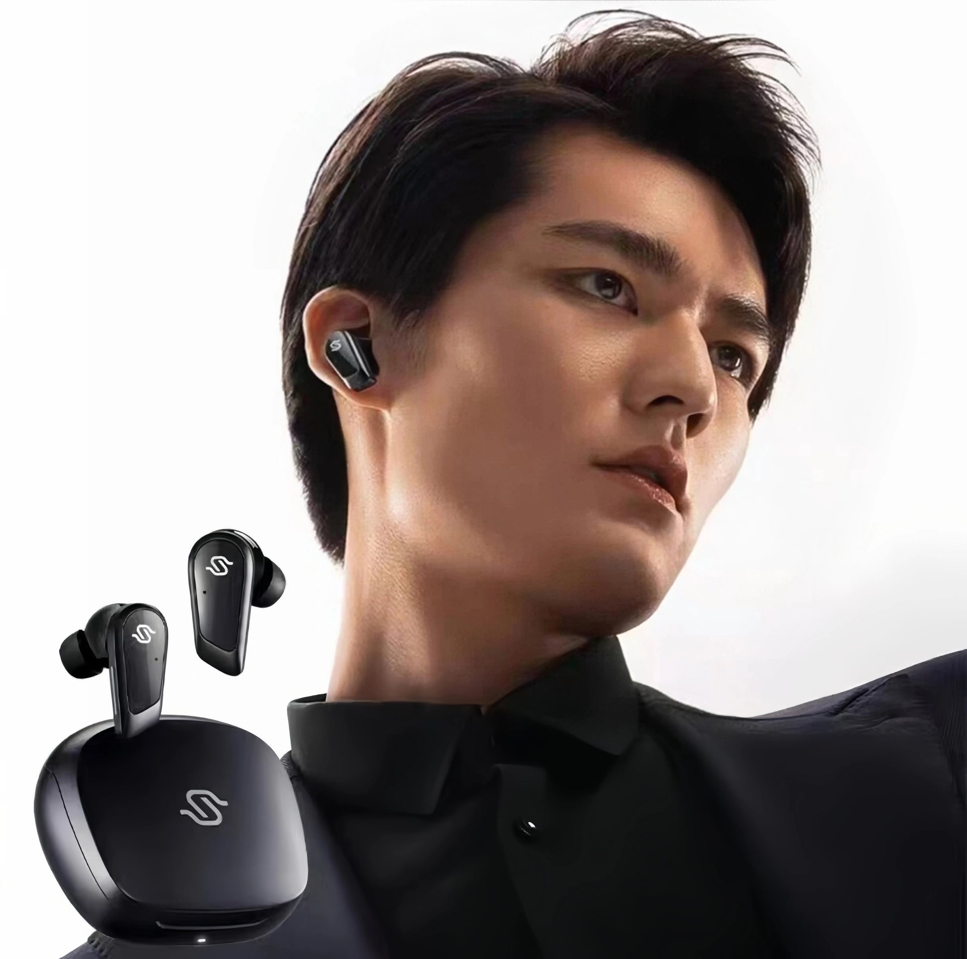 Man wearing Edifier S10 true wireless earbuds with active noise cancellation, highlighting stylish black design and secure fit for all-day comfort.