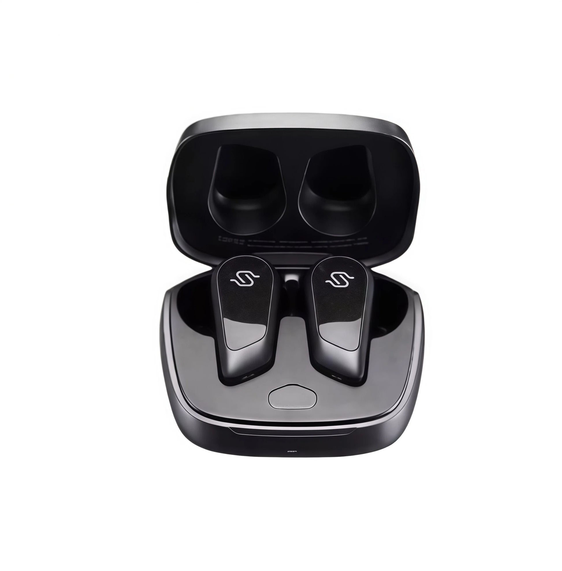 Edifier S10 true wireless earbuds resting inside the sleek black charging case, showcasing premium design and compact storage for portable use.