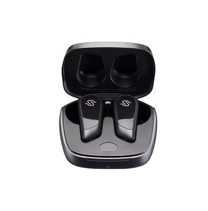 Edifier S10 true wireless earbuds resting inside the sleek black charging case, showcasing premium design and compact storage for portable use.