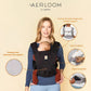Infographic showcasing Ergobaby Aerloom baby carrier features: curved shoulder straps, lumbar support, easy adjustment system, zippered waist pocket, and breathable FormaKnit fabric.