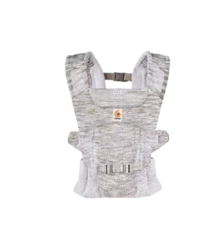 Front view of Ergobaby Aerloom baby carrier in heather grey. Compact, lightweight baby carrier with adjustable fit and breathable mesh material.