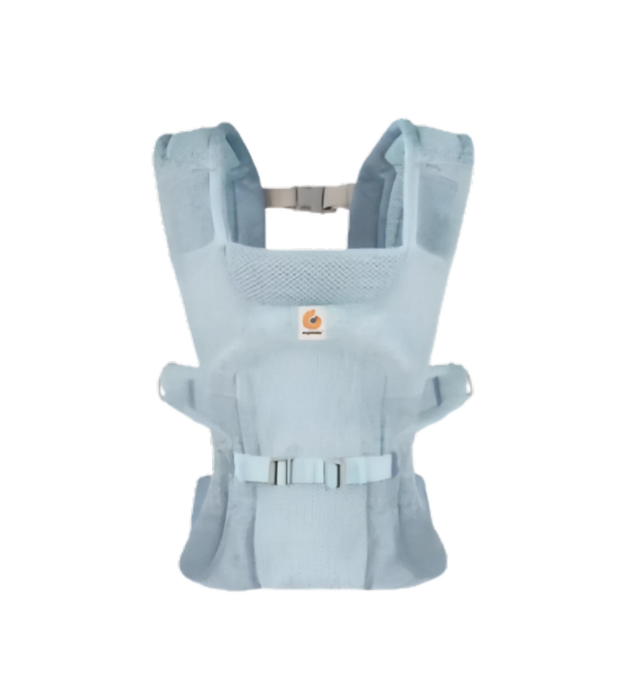 Front view of Ergobaby Aerloom baby carrier in soft mint blue. Lightweight ergonomic baby carrier with breathable mesh fabric, padded shoulder straps, and adjustable waist belt for comfortable babywearing.