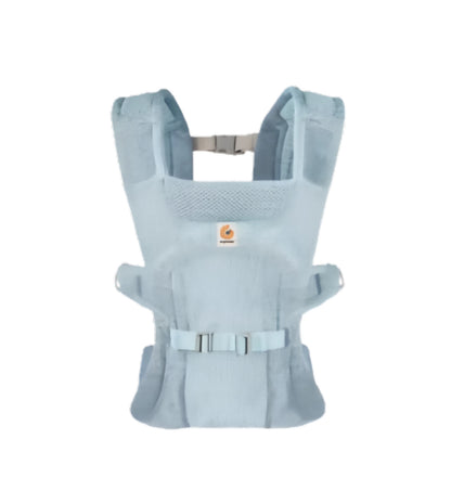 Front view of Ergobaby Aerloom baby carrier in soft mint blue. Lightweight ergonomic baby carrier with breathable mesh fabric, padded shoulder straps, and adjustable waist belt for comfortable babywearing.