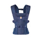 Front view of Ergobaby Aerloom baby carrier in navy blue. Compact, lightweight baby carrier with breathable mesh panels and ergonomic design for all-day comfort.