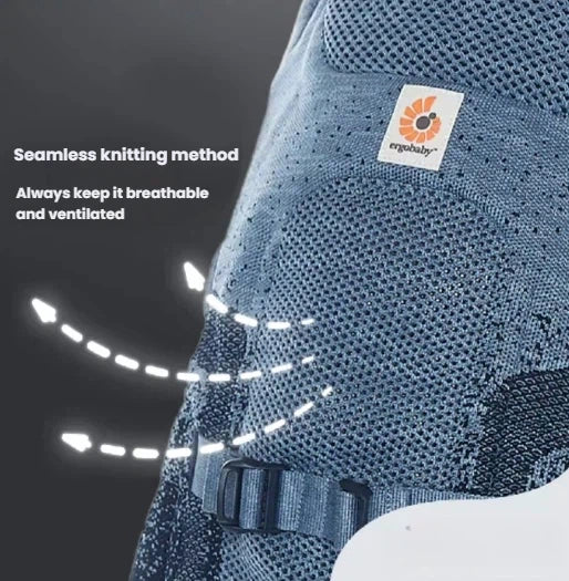 Close-up of Ergobaby Aerloom’s seamless knitting method showing breathable mesh fabric. Designed for maximum ventilation and comfort during extended wear.