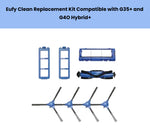 Eufy Clean replacement kit compatible with G35+ and G40 Hybrid+ – includes 4 side brushes, 2 blue dust bin filter frames, 1 HEPA filter cover, and 1 main brush roller – essential accessories for Eufy Clean robot vacuum maintenance