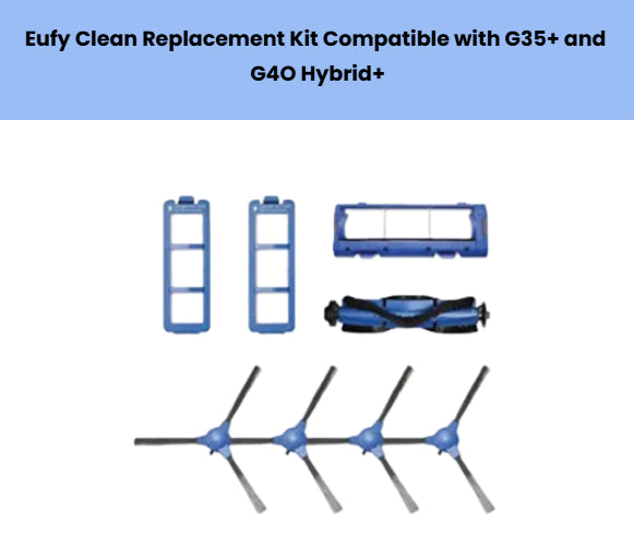 Eufy Clean replacement kit compatible with G35+ and G40 Hybrid+ – includes 4 side brushes, 2 blue dust bin filter frames, 1 HEPA filter cover, and 1 main brush roller – essential accessories for Eufy Clean robot vacuum maintenance
