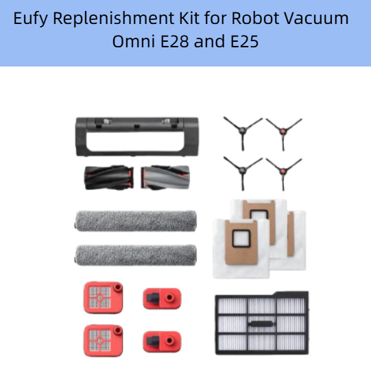 Eufy Replenishment Kit for Omni E28 and E25 Robot Vacuum – Includes 2 Main Brushes, 4 Side Brushes, 2 Dust Bags, HEPA Filter, Filter Frame, Rubber Belts, and Front Bumper