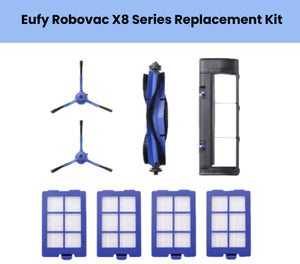 Eufy RoboVac X8 Series replacement kit – includes 2 blue side brushes, 1 blue main brush roller, 1 black dust bin filter cover, and 4 square HEPA filters with blue frames – compatible parts for Eufy X8 Pro and X8 Pro Plus robot vacuums