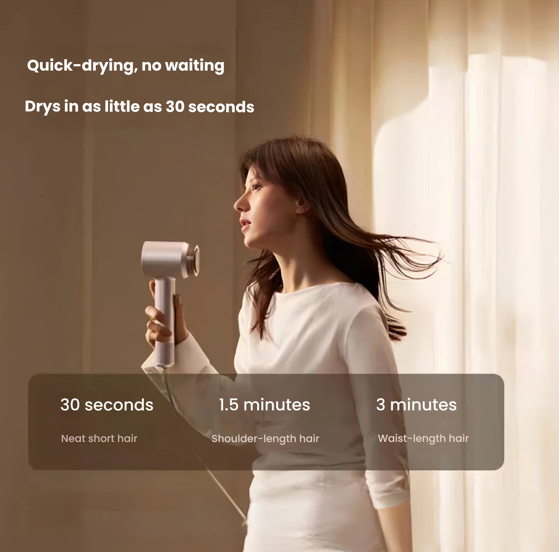 Laifen Swift 4 hair dryer in action – fast drying time for short, shoulder-length, and waist-length hair in as little as 30 seconds.