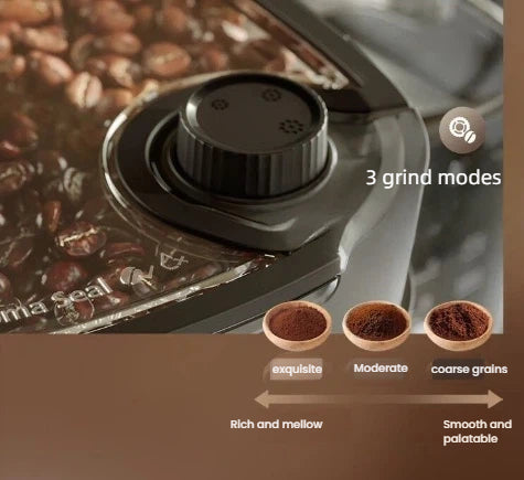 Philips HD7900 coffee machine's grind selector with three settings: exquisite, moderate, and coarse grains, displayed next to coffee beans