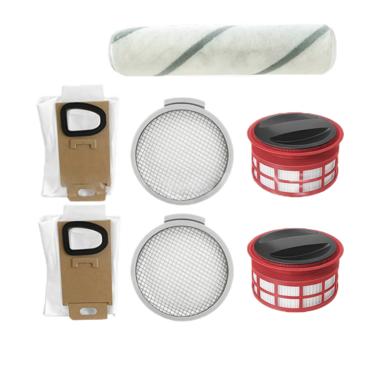 Roborock H6/H7 stick vacuum accessory kit with striped roller brush, two dust bags, two pre-filters and two red HEPA post-filters