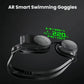 Holoswim 2 Pro AR smart swimming goggles displaying holographic workout metrics like lap count, rest timer, and stroke pace during training session on dark background.