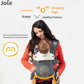 Mother wearing Joie Savvy Air 4-in-1 Baby Carrier with baby in front-facing position. Features highlighted: ergonomic "M" leg posture for hip health, IHDI-accredited design, and breathable mesh panel for newborn comfort.