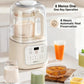 The Joyoung multi-function blender on a kitchen counter surrounded by various healthy drinks. This image highlights its smart features, including 8 one-key menus for easy operation and a 4-hour automatic heat preservation function to keep drinks warm.