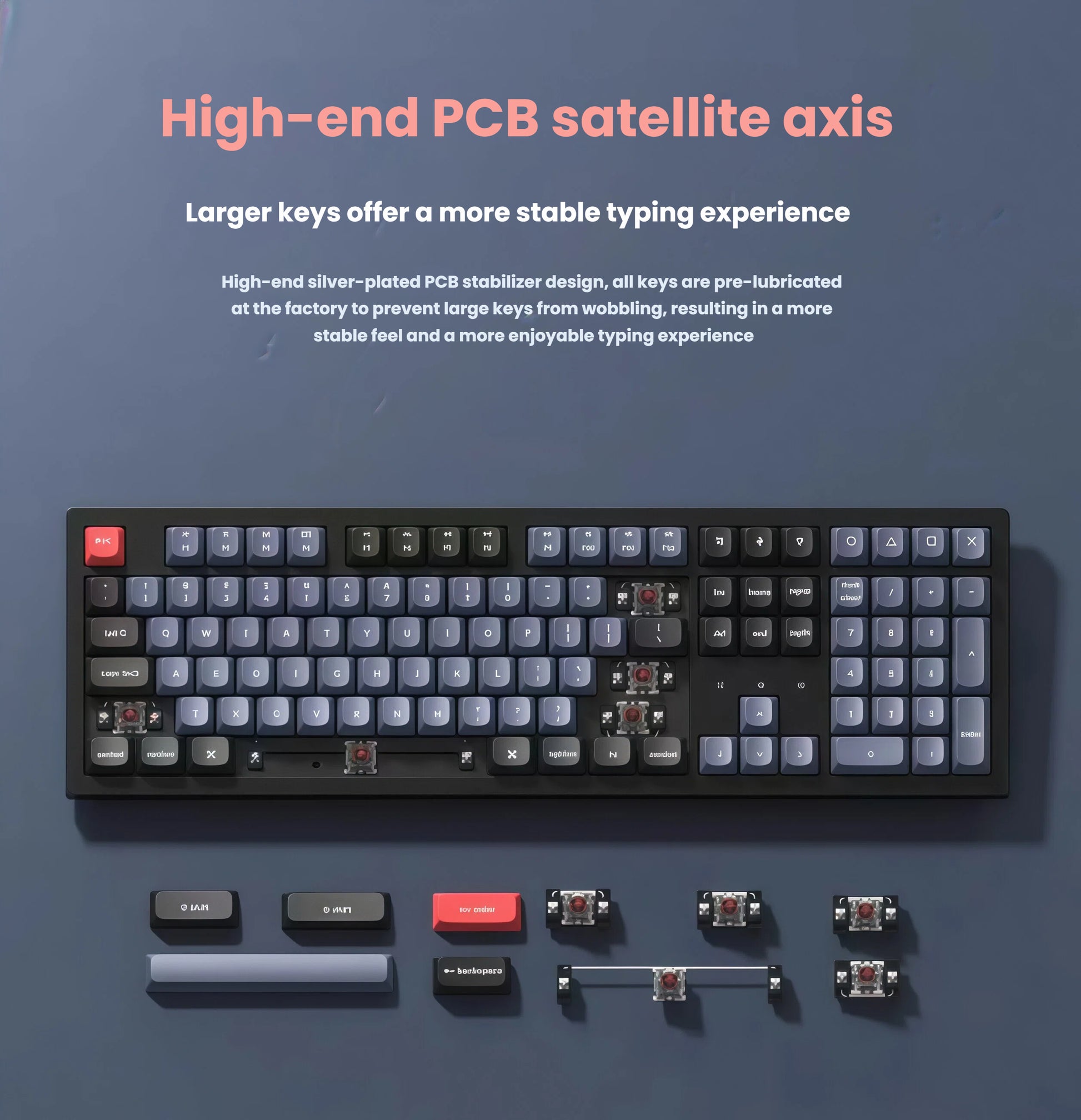 Close-up of Keychron K10 Pro keyboard showing high-end silver-plated PCB satellite stabilizers for large keys like spacebar, shift, and enter, pre-lubricated at the factory for stable and smooth typing.