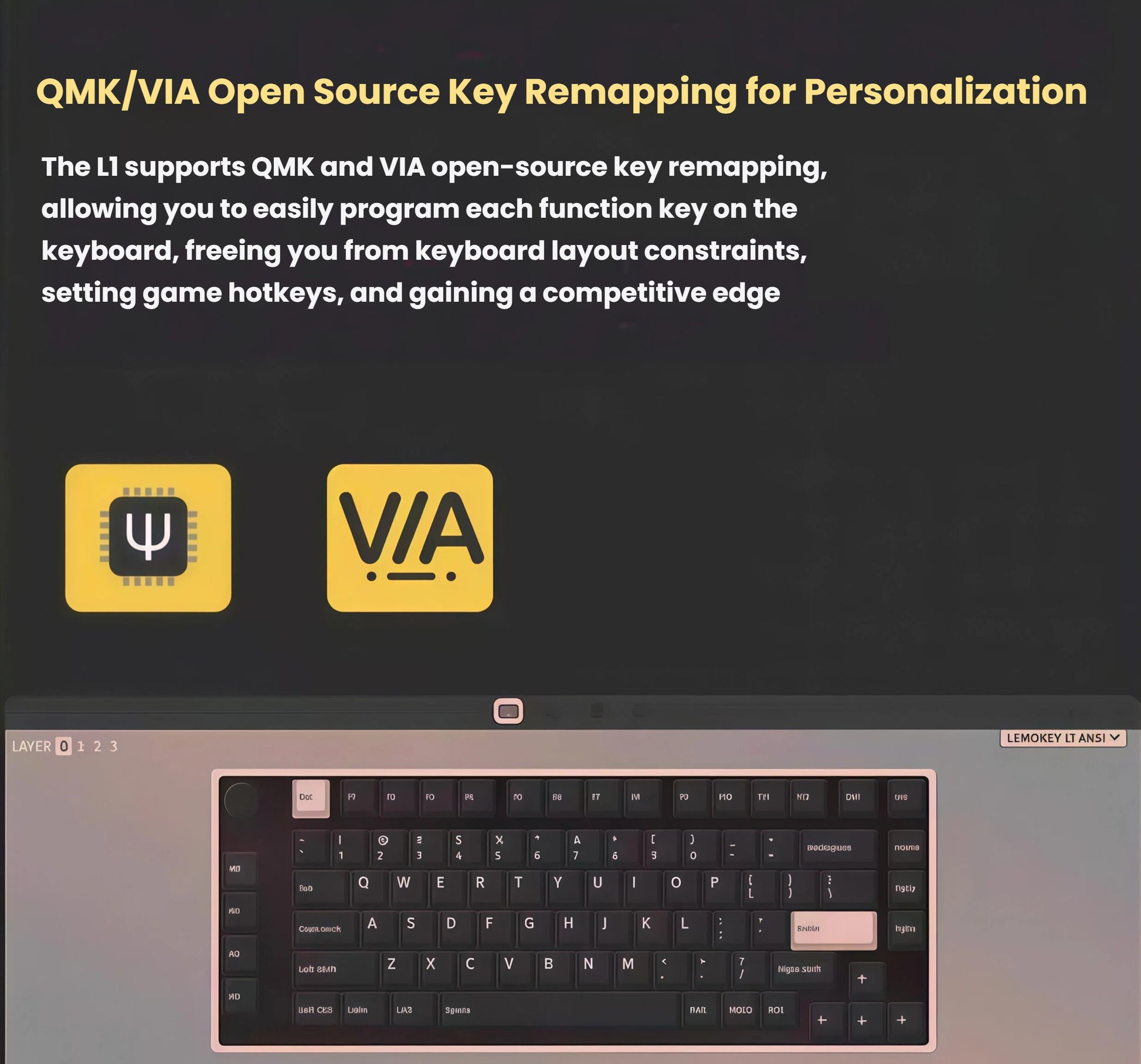 Screenshot of the Keychron Lemokey L1 keyboard interface with QMK and VIA logos, demonstrating open-source firmware support for customizable key remapping and macro programming.