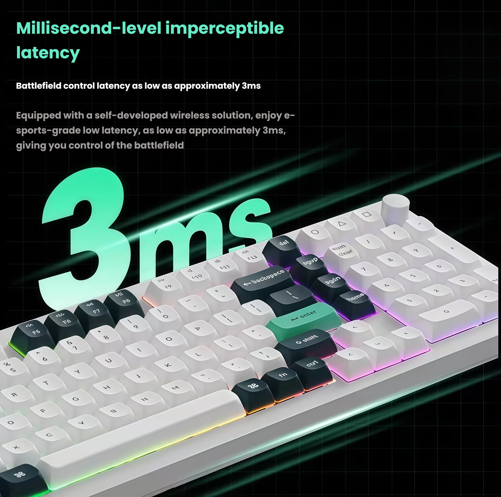 Close-up of Keychron Q3 HE mechanical keyboard highlighting its self-developed wireless solution with battlefield control latency as low as 3ms, ideal for e-sports and fast-paced games.