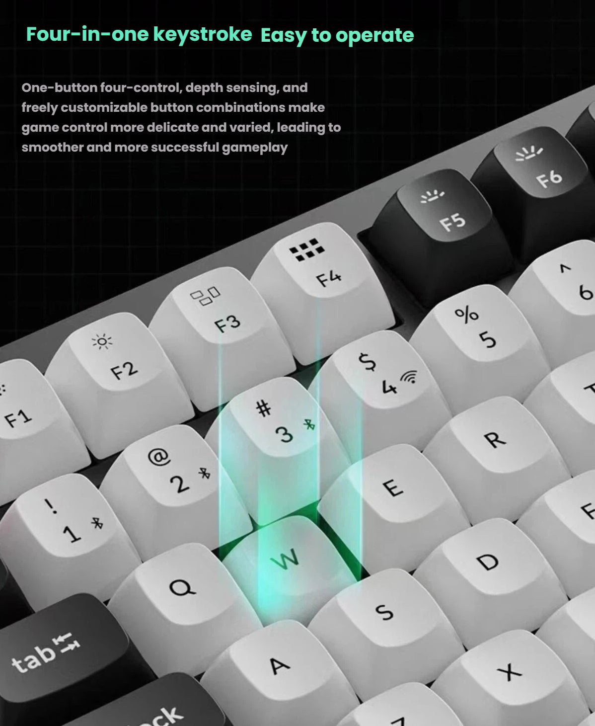 Close-up of Keychron Q5 HE mechanical keyboard highlighting its four-in-one keystroke feature on the W key, showcasing depth sensing and multi-level input detection for precise gaming control.