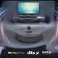  A depiction of the LG S80TR soundbar system in a home environment, with sound waves enveloping the room. Prominently displayed are the logos for "Dolby Atmos," "DTS:X," and "IMAX Enhanced," indicating the system's support for the latest and most advanced surround sound formats.