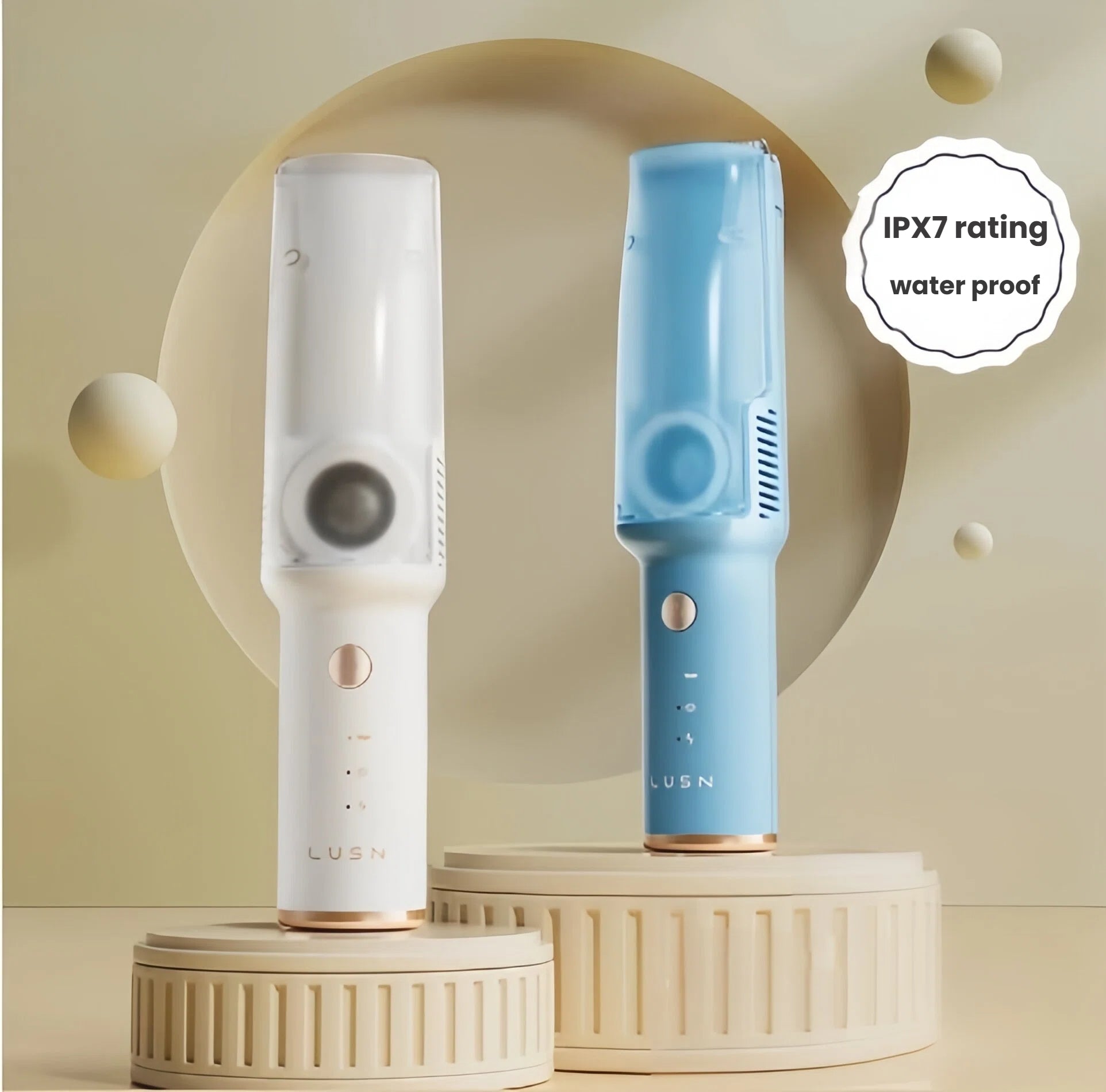 Two LUSN baby hair clippers in white and blue, showcasing IPX7 waterproof rating. Fully washable and safe for use during bath time or messy trims.