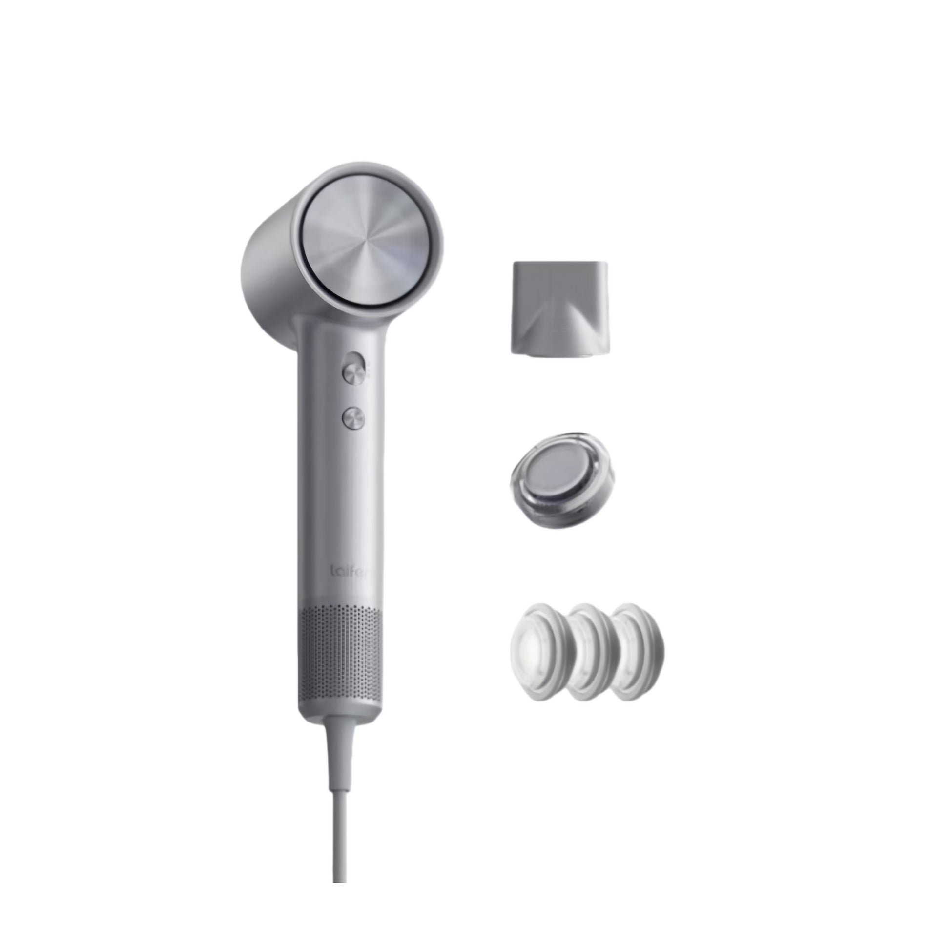 Light gray Laifen Swift 4 hair dryer with magnetic nozzle and essential oil system for deep conditioning and smooth, shiny hair.
