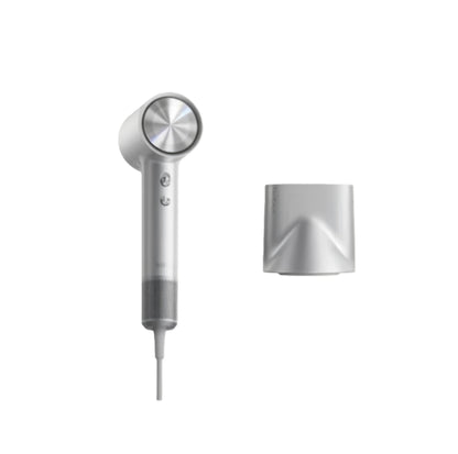 Laifen Swift 4 silver hair dryer with sleek design and concentrator nozzle for precise styling and fast drying.