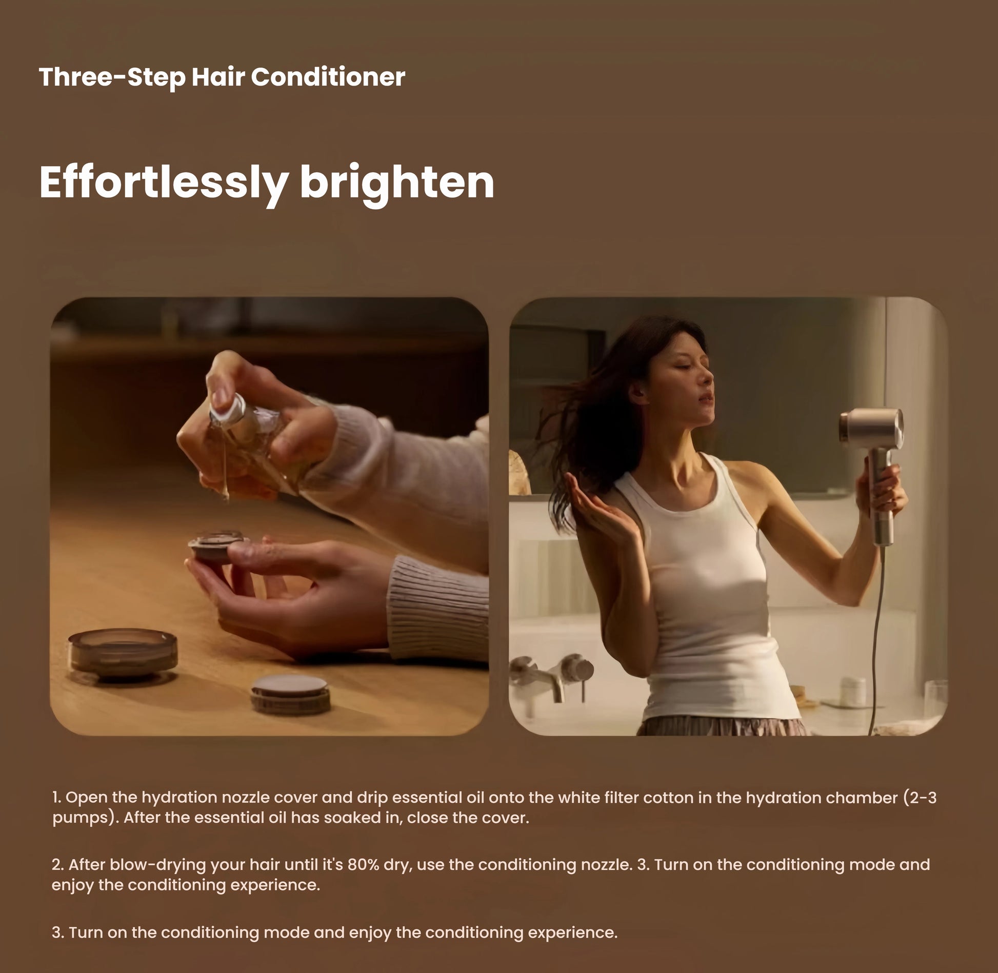 Woman using Laifen Swift 4 hair dryer with essential oil dropper, applying nourishing oil to hydration chamber for healthy, shiny hair care.
