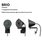 Product render displaying three angles of the black Brio 300: front with shutter closed, front with shutter open, and side profile.