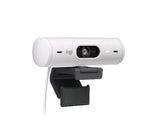 Front-facing shot of the off-white Logitech Brio 500 webcam, showcasing its 1080p lens, dual microphones, and textured eco-friendly casing.