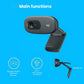  Infographic showcasing the C270’s main functions: 720p HD widescreen video, built-in noise-canceling microphone, and versatile universal mounting clip.