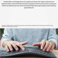 Close-up of hands typing on the Logitech ERGO K860 split ergonomic keyboard, with dotted lines showing optimal hand, wrist, and forearm alignment for reduced trapezius muscle activity.