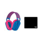 Vibrant blue-and-pink G435 headset displayed next to its USB dongle, highlighting colorful style options for gamers.
