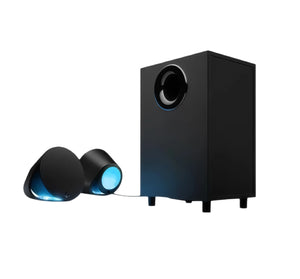 Studio shot of the complete Logitech G560 2.1 speaker set—subwoofer and two satellite speakers—featuring customizable blue LIGHTSYNC RGB lighting, isolated on white.
