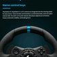 Close-up of Logitech G923 racing wheel showing built-in PlayStation 5, PS4 & PC control buttons, LED tachometer, and 24-point selector dial.