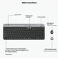 Annotated top view of the graphite K580 labeling the integrated phone stand, cross-screen switching keys, numeric keypad, mute button, Bluetooth 4.1, and 2.4 GHz Unifying receiver storage.