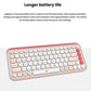 Close-up of the pink POP Icon keyboard angled to emphasize its slim profile and long-lasting battery for uninterrupted productivity.