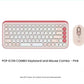 Blush-pink Logitech POP Icon Combo with deeper pink emoji keys and coordinating mouse, isolated on white for a fresh, modern look.