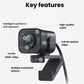 Annotated view of the graphite StreamCam labeling intelligent autofocus, 1080p 60 fps recording, high-quality dual mics, Full HD vertical video, and versatile mounting options.