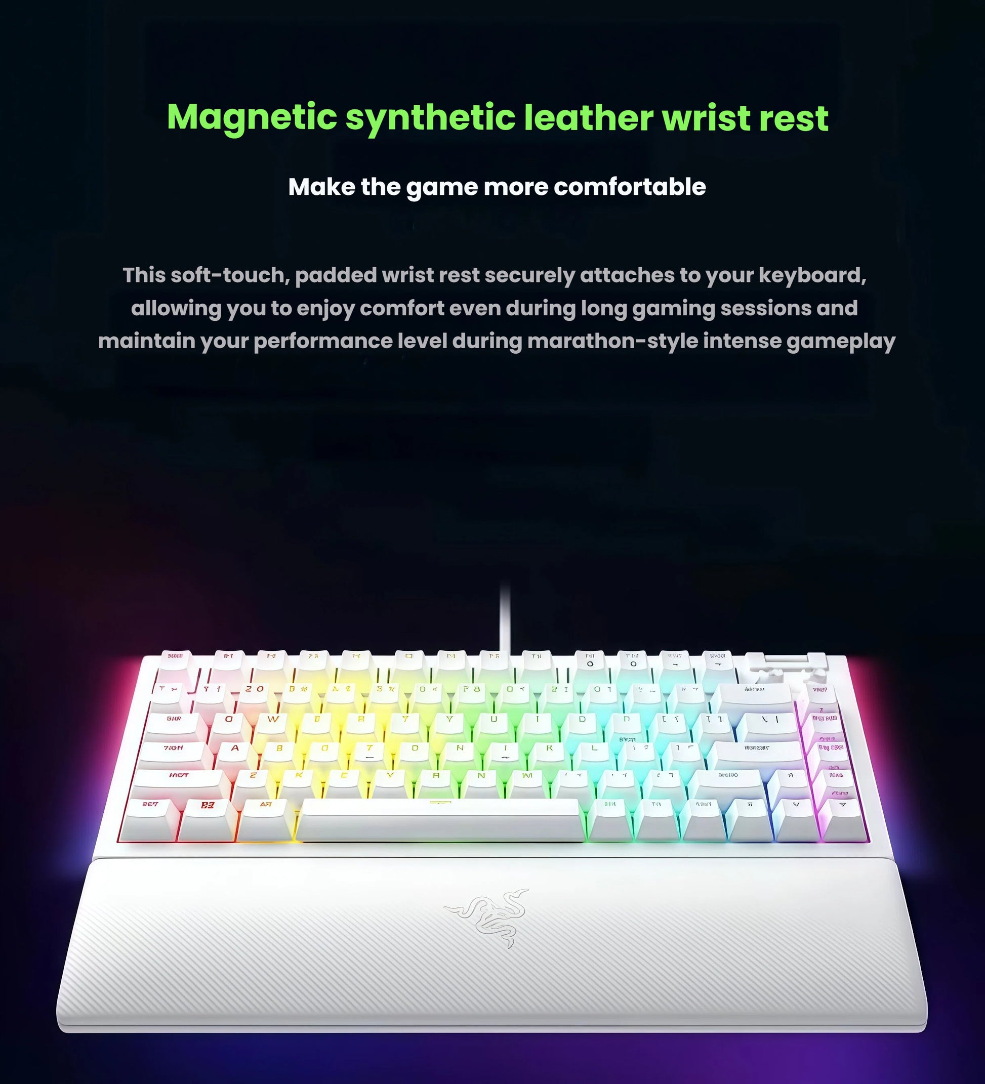 Razer BlackWidow V4 75% gaming keyboard with magnetic synthetic leather wrist rest attached, providing soft-touch padding and comfort during extended gaming sessions.