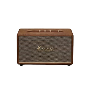 Front view of the Marshall Stanmore III Bluetooth speaker in vintage brown, highlighting the retro vinyl wrap and gold detailing.